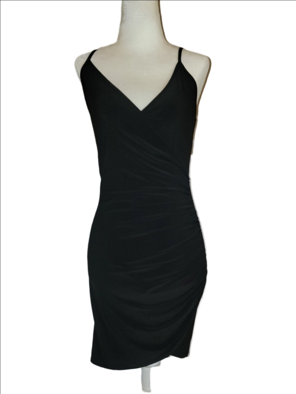 BEBE Black Ruched V-Neck Spaghetti Strap Mini Dress Y2K Style Slinky Sexy LBD - Picture 2 of 14